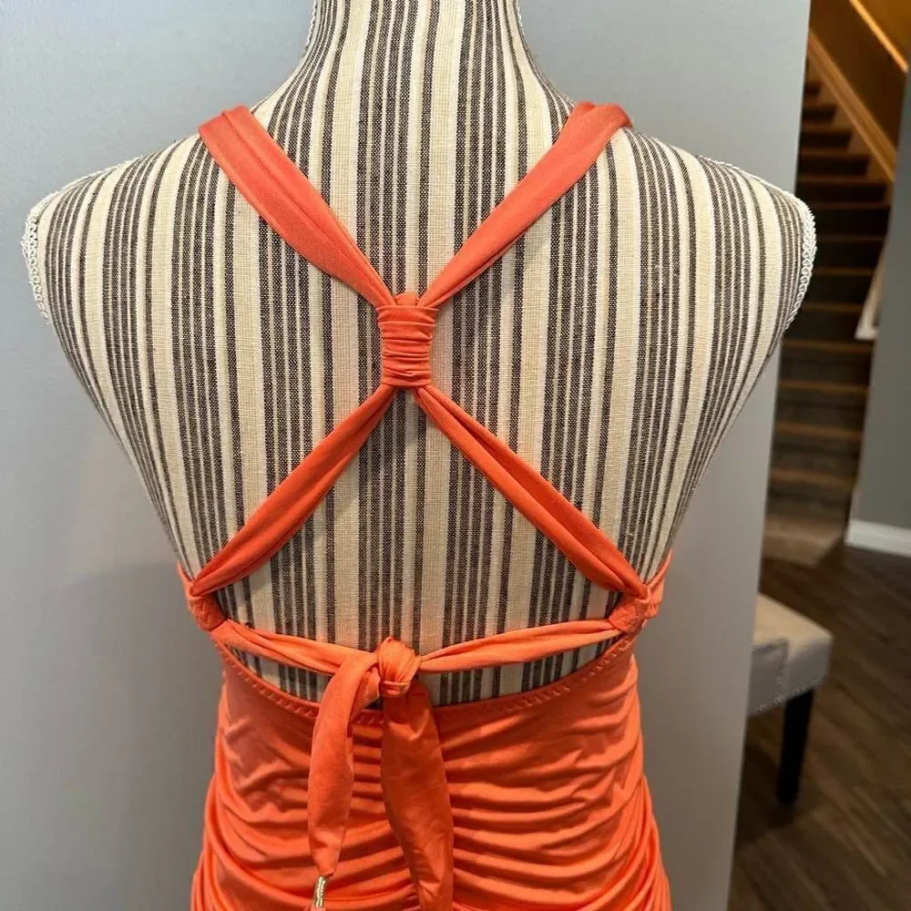 Athleta Ruched Swim Tank Orange Halter Style Small
